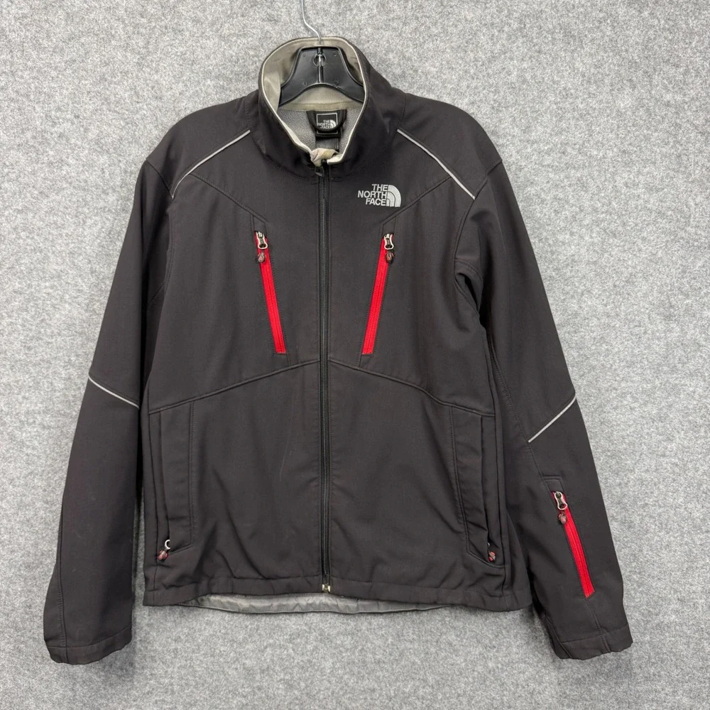 The North Face Apex Softshell Jacket Black Red Zip Pockets Fleece Lined Mens L